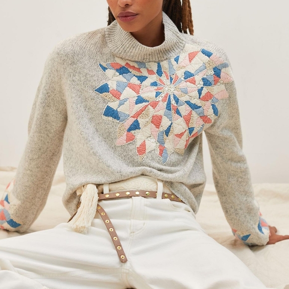 NWT By Athropologie Quilted Patchwork turtleneck sweater